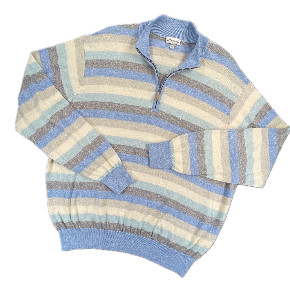 Peter Millar Striped Quarter Zip Sweater XXL Blue Merino Wool Linen Pullover